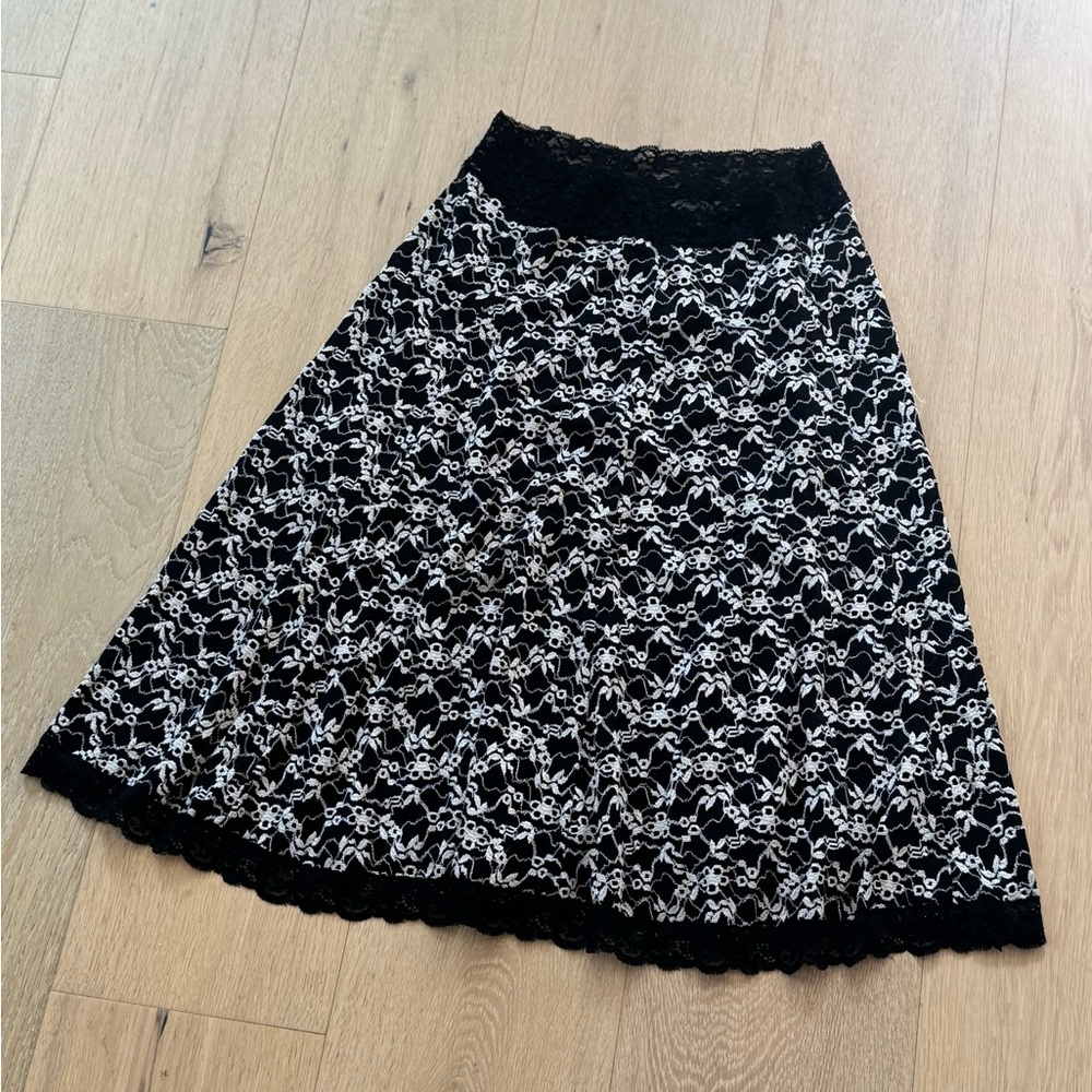 CAbi Black and White Floral Lace Midi Skirt